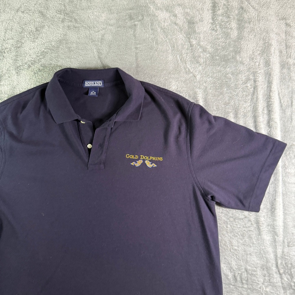 VTG Lands End Men's XL Navy Blue Gold Dolphins Embro Short Sleeve Polo Shirt
